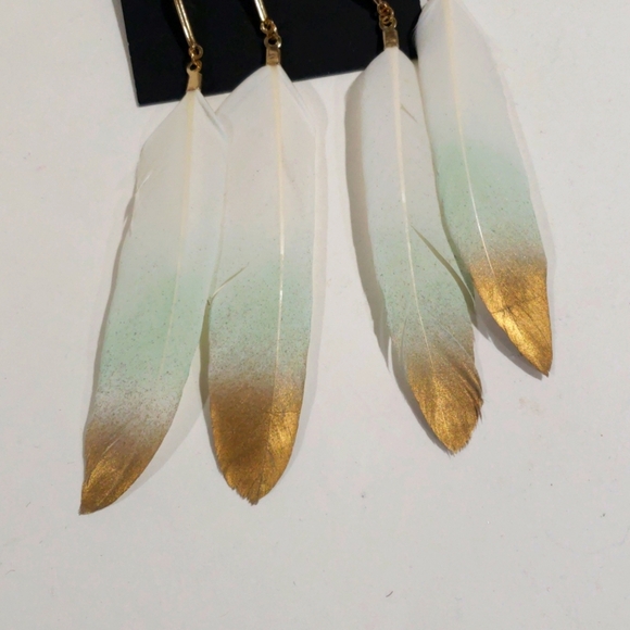 Boho Chic White & Gold Feather 5" Drop Dangle Earrings – Lightweight & Stylish - Picture 5 of 10